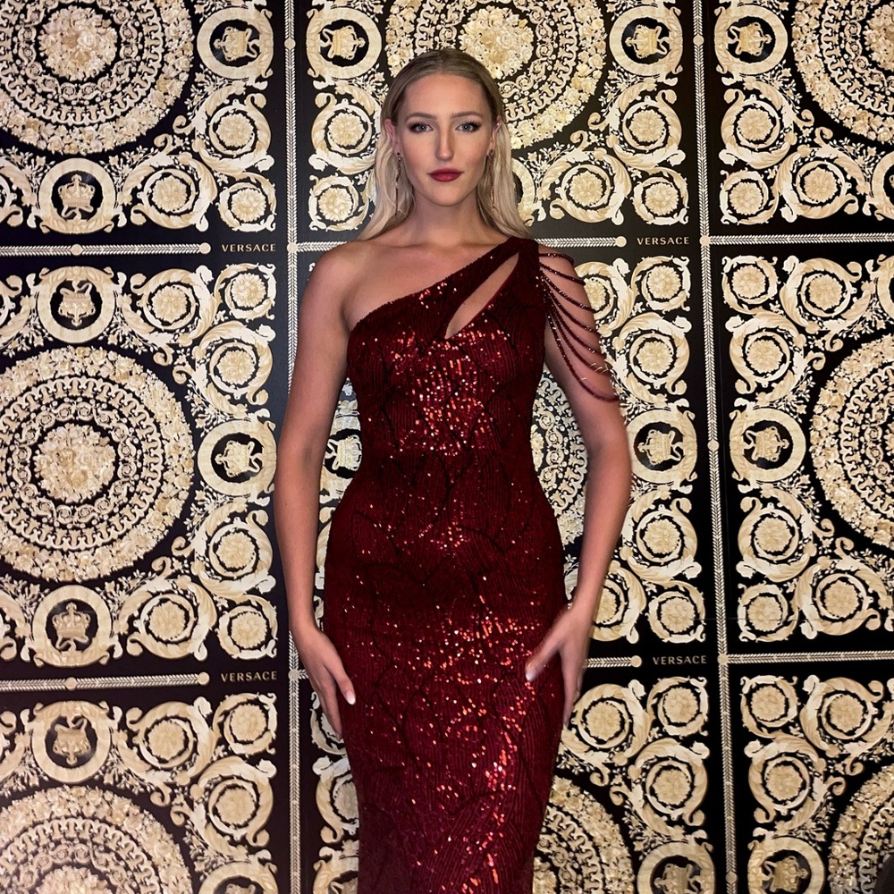 Wine Red Asymmetric Sequin & Beaded Gown - Size 4